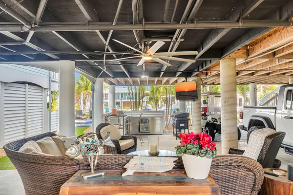 a view of a interior of the house with a lake view