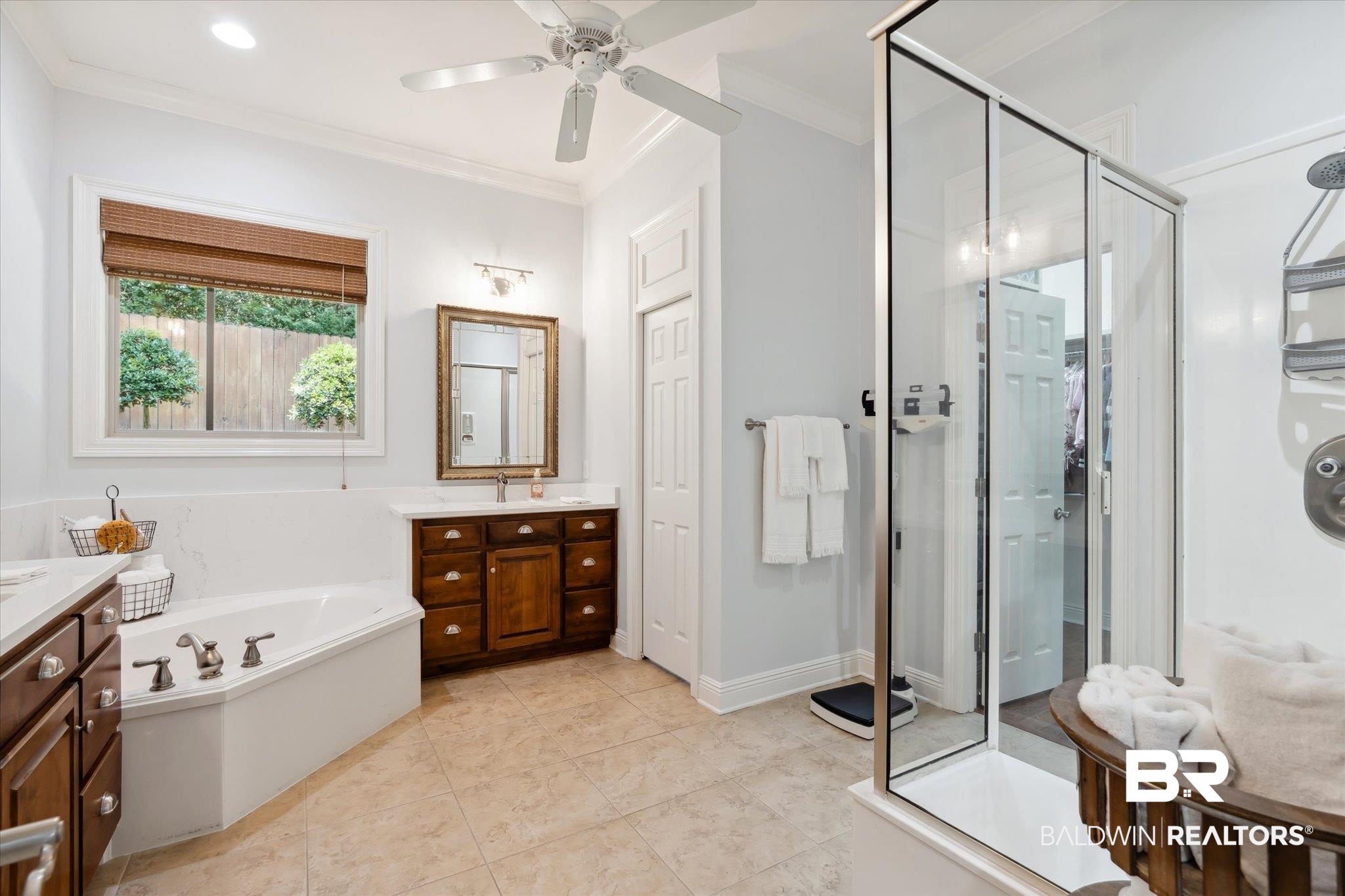 804 Country Club Road Mobile, AL 36609 - Photo 18 of 63 Bathroom featuring plus walk in shower, vanity, ceiling fan, ornamental molding, and tile patterned flooring