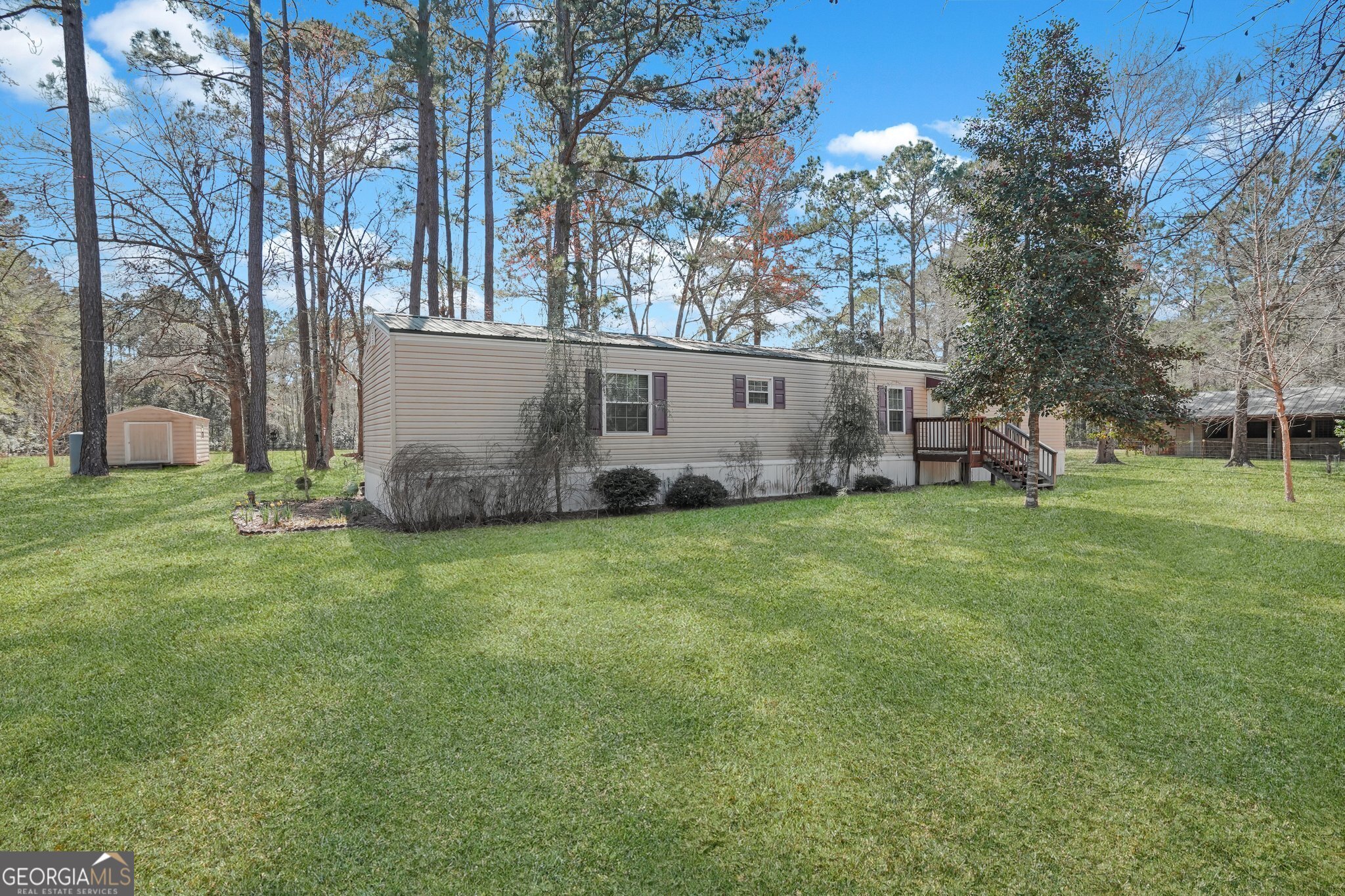 a view of a backyard with potted plants and large trees