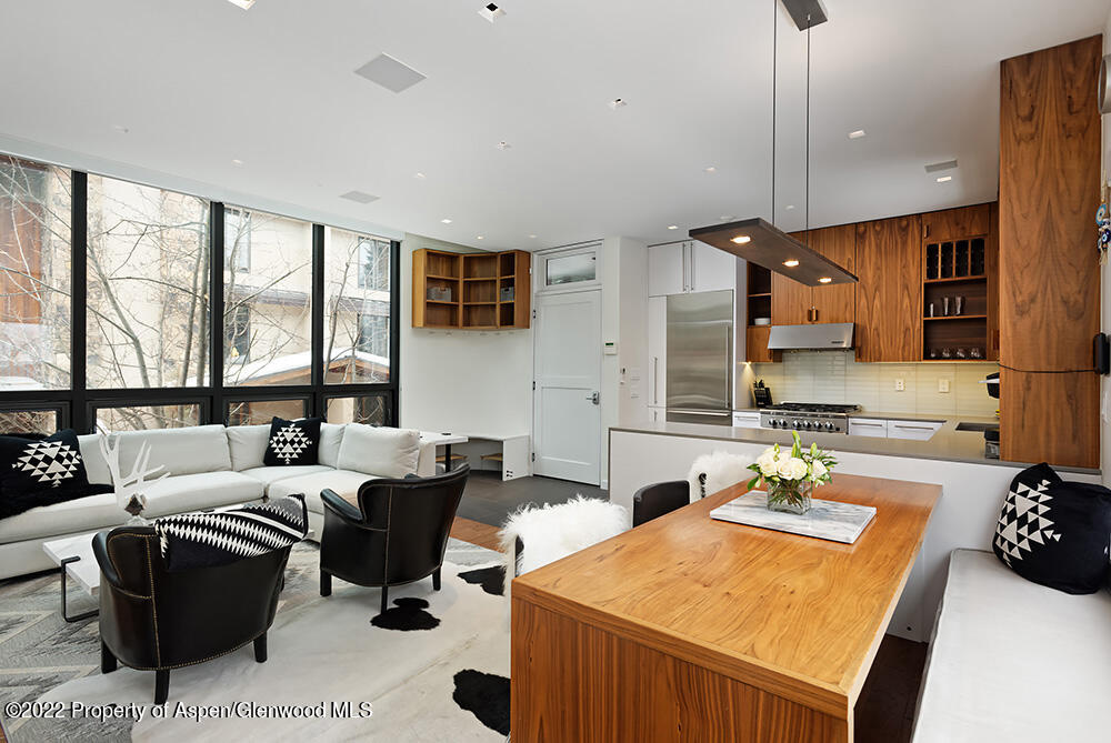 623 South Monarch Street, Unit C Aspen, CO 81611 - Photo 4 of 24 a living room with furniture a large window and a chandelier