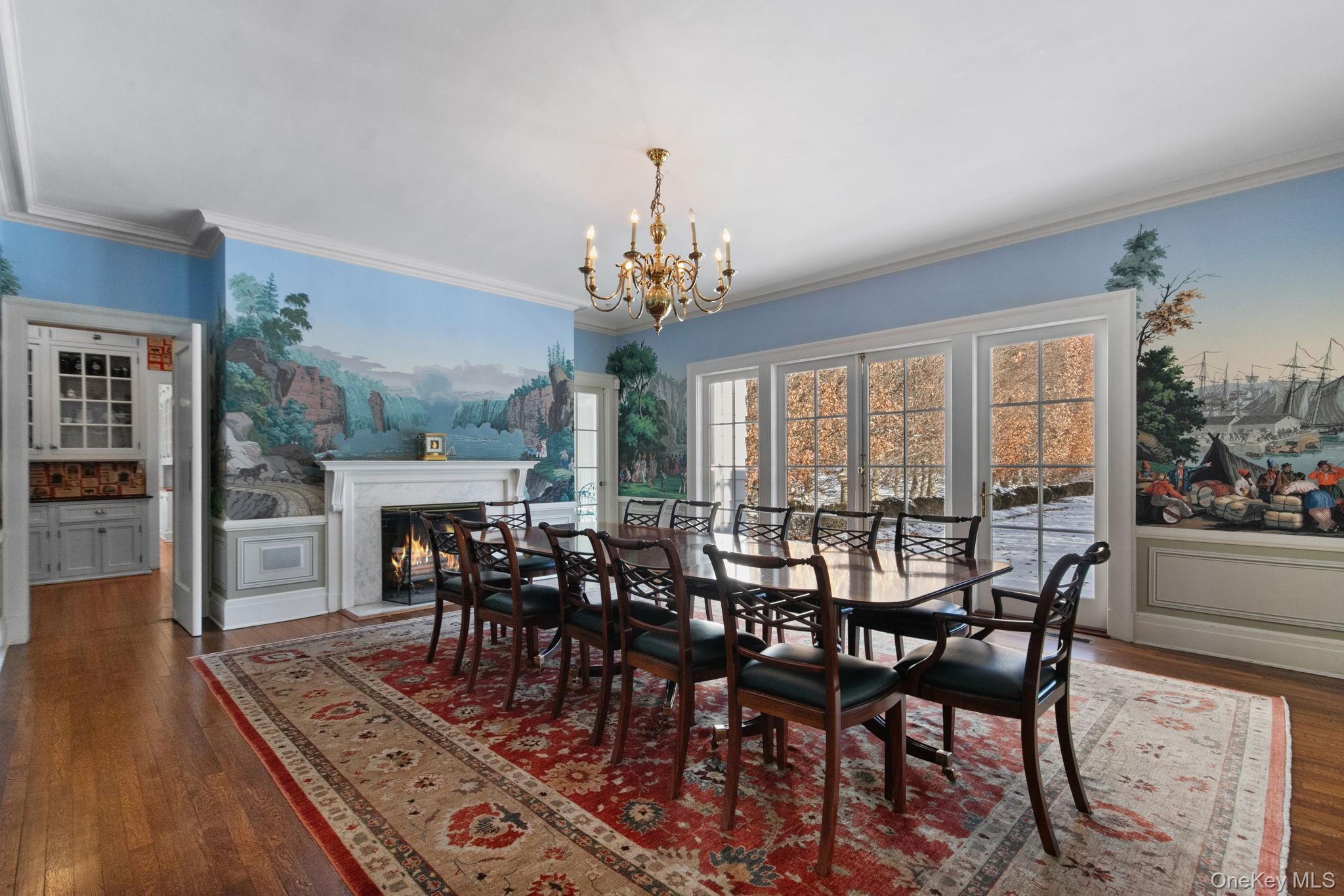36 Revolutionary Road Briarcliff Manor, NY 10510 - Photo 11 of 50 Formal Dining Room with Zuber panels, fireplace, and a chandelier