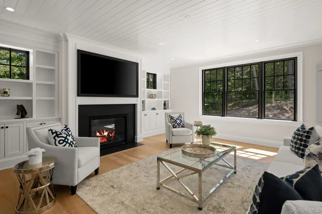 a living room with furniture a flat screen tv and a fireplace