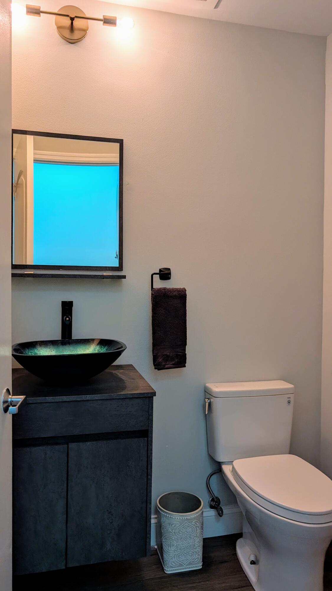 801 South Olive Avenue, Unit 435 West Palm Beach, FL 33401 - Photo 22 of 33 a bathroom with a toilet a sink and mirror