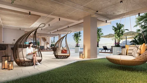 a view of a livingroom with furniture and floor to ceiling window