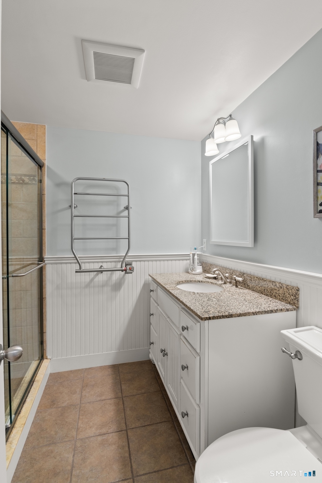 49 Minivale Road Stamford, CT 06907 - Photo 15 of 30 Full bath, tile floor, walk in shower, heated towel rack.