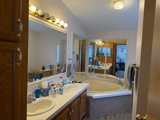 a bathroom with a tub a double vanity sink and a mirror