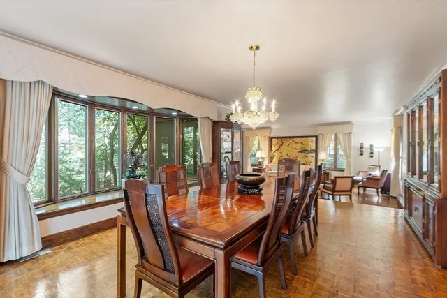 a view of a dining room with furniture window and outside view