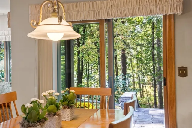 a dining room with furniture and natural light