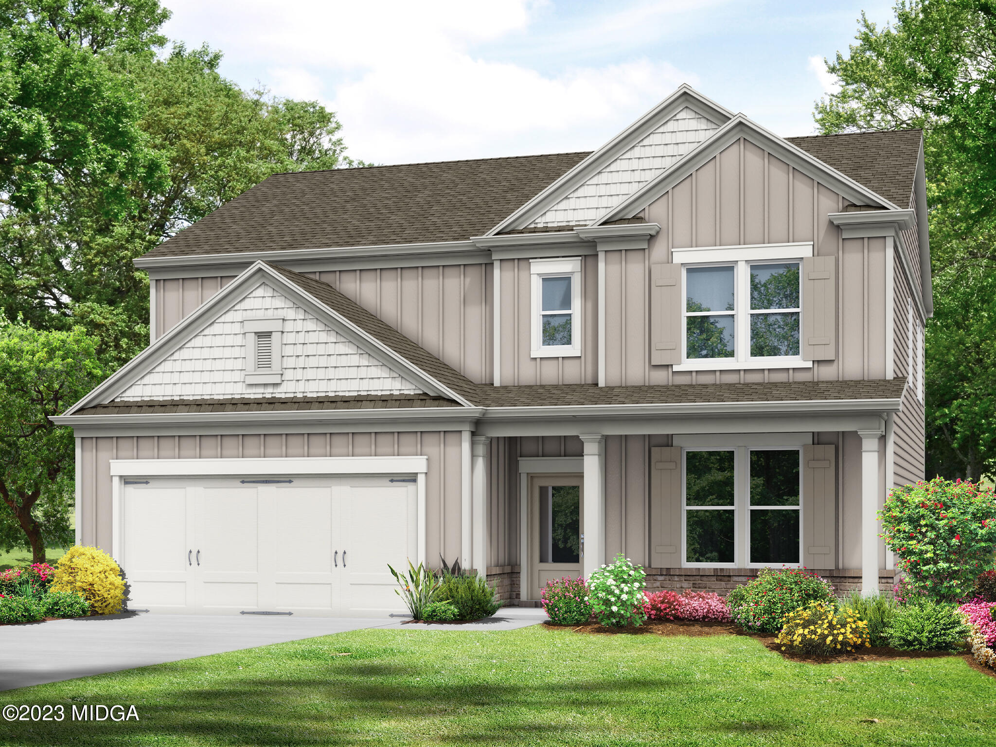a front view of a house with a yard and potted plants