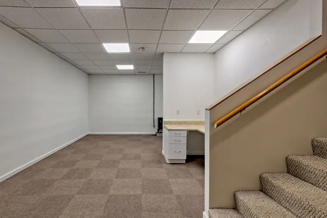 a view of a yard with large trees