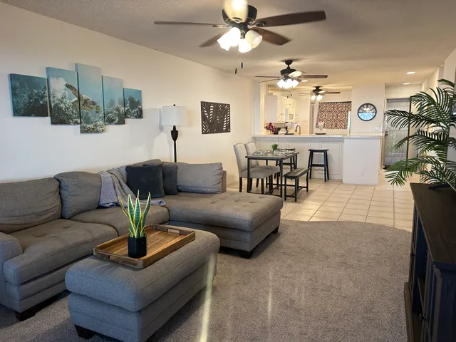a view of a dining room with furniture