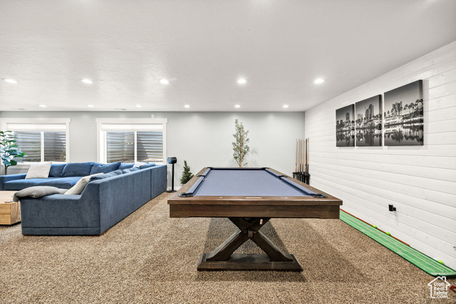 2280 South 450 West Perry, UT 84302 - Photo 23 of 38 Playroom with carpet flooring, billiards table, recessed lighting, and wood walls