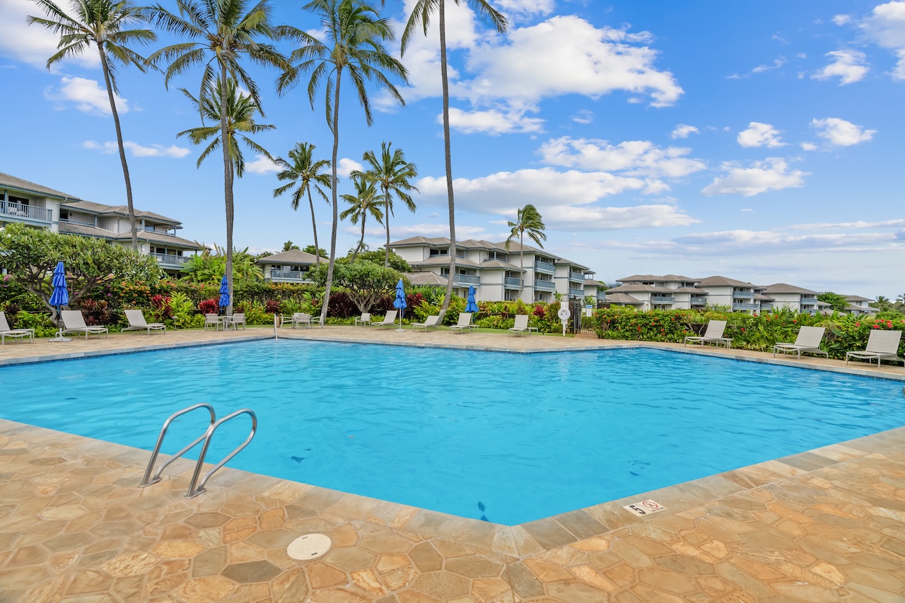 1565 Pe'e Road, Unit 211 Koloa, HI 96756 - Photo 22 of 30 a view of a swimming pool with a lawn chairs and plants