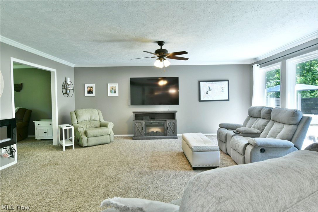 13491 Woodin Road Chardon, OH 44024 - Photo 18 of 35 Living room featuring a multi sided fireplace, ornamental molding, a textured ceiling, carpet flooring, and ceiling fan