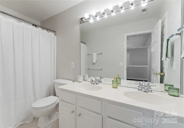 a bathroom with a double vanity sink mirror and toilet