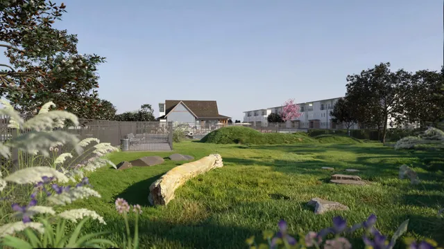 a view of a garden with a flower garden