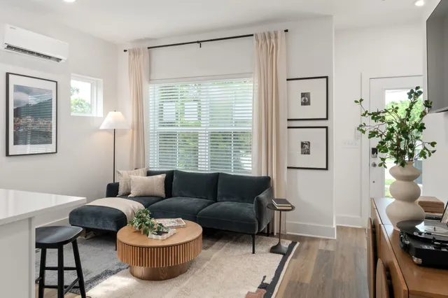 a living room with furniture and a potted plant