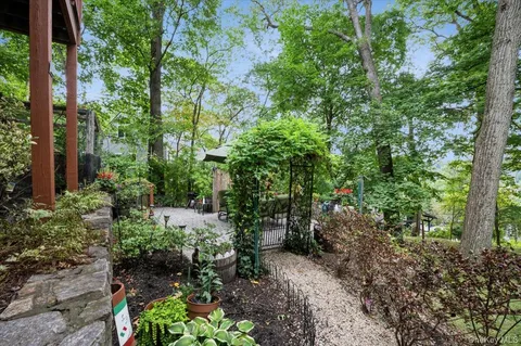 a view of a garden with large trees