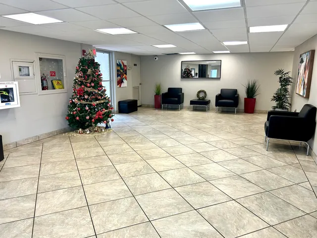 a view of a hallway with wooden shelves