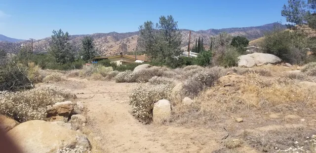 a view of a dry yard with mountains in the background
