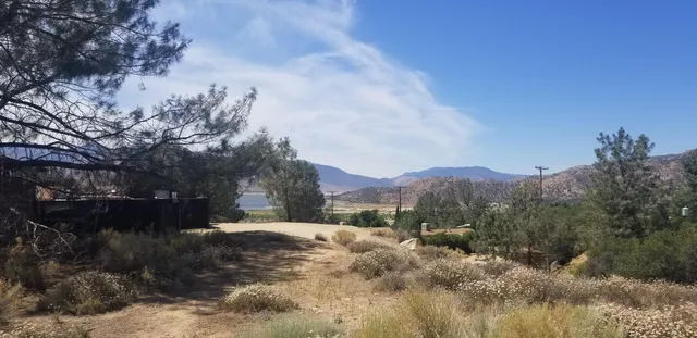 a view of a dry yard with mountains in the background