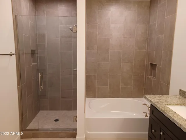 a bathroom with a shower and a bath tub