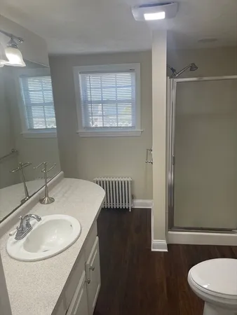 a bathroom with a sink toilet a mirror and shower