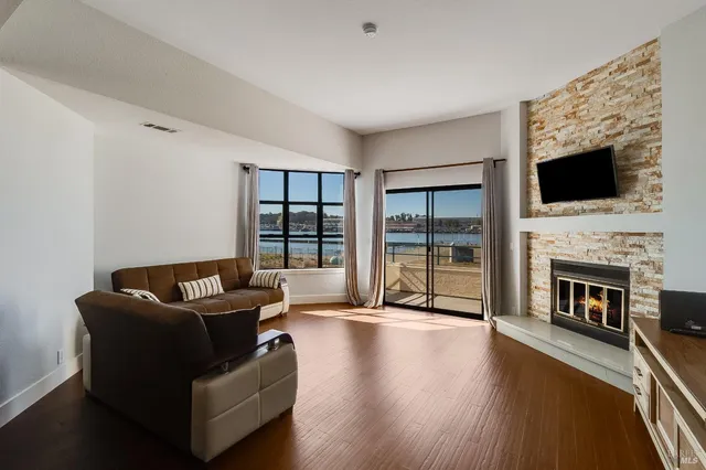 a living room with furniture and a table