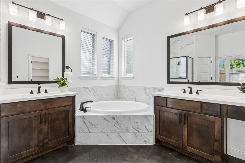 5224 Troupe Road McKinney, TX 75071 - Photo 21 of 31 Dual wood-finish vanities with white countertops