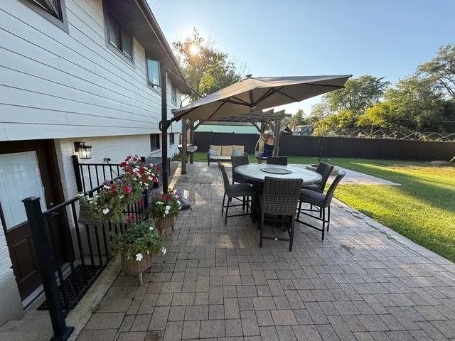 an outdoor space with seating