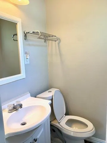 a bathroom with a sink a mirror and a toilet