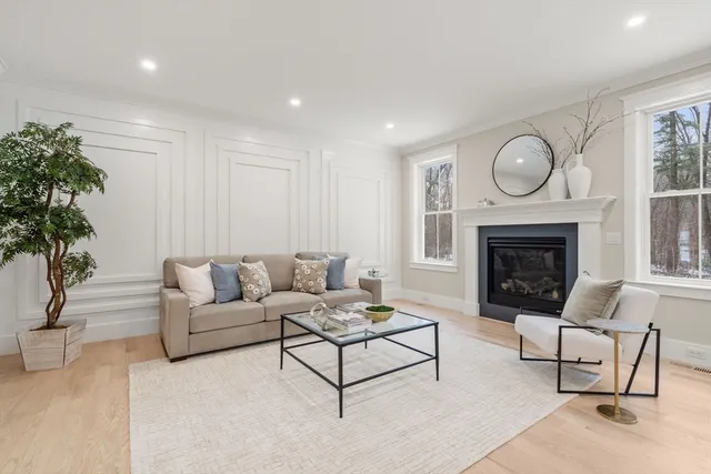 a living room with furniture a fireplace and a potted plant