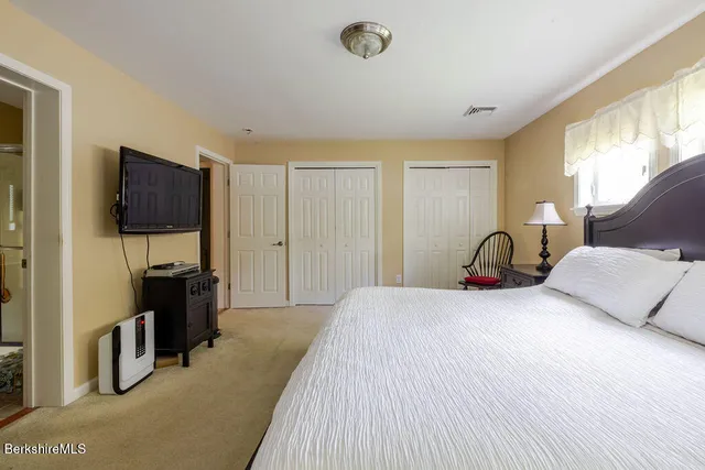 a bedroom with a bed and a television in it