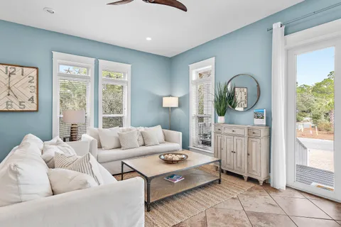 a view of a balcony with wooden floor
