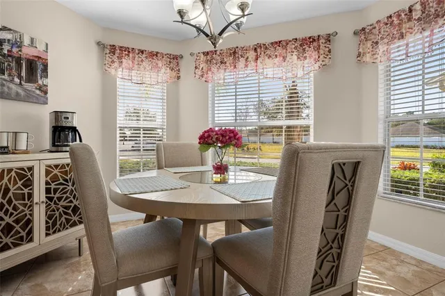 a view of a dining room with furniture and window