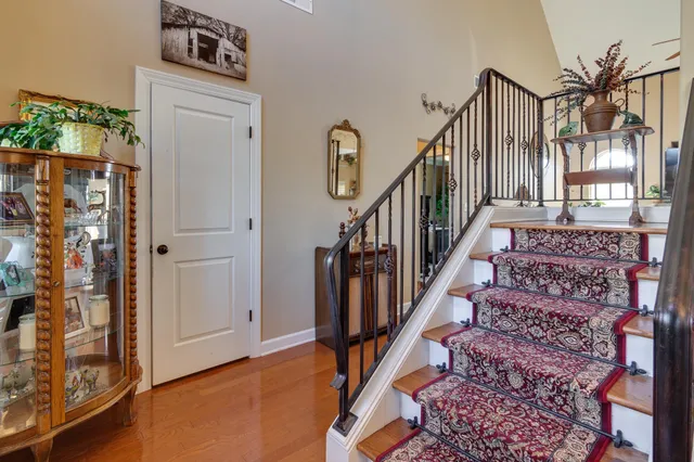 a view of staircase with wooden floor and a potted plant
