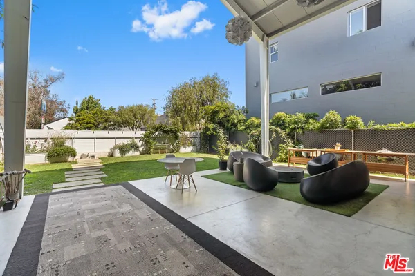 a view of a patio with couches and a potted plant on a table