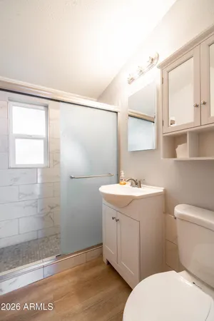 a bathroom with a sink a toilet and shower