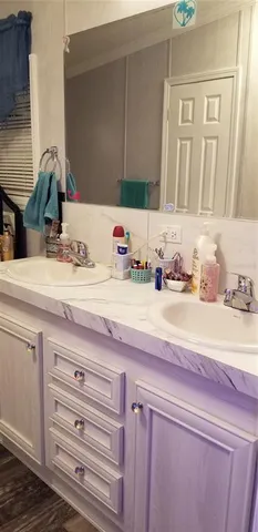 a bathroom with a sink and a mirror