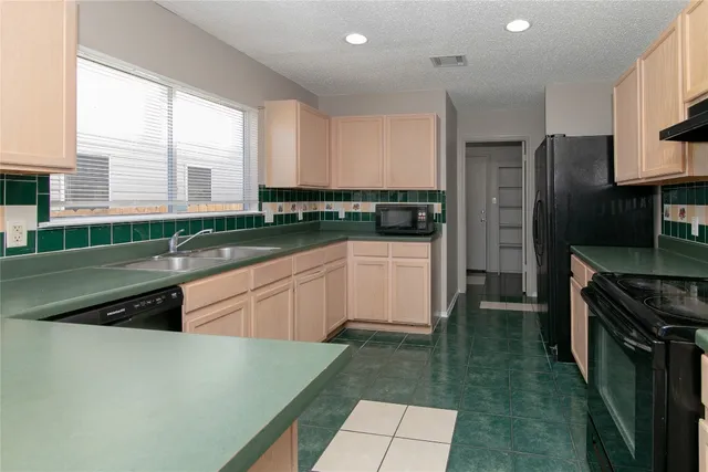a kitchen with a sink a counter top space stainless steel appliances a window and cabinets