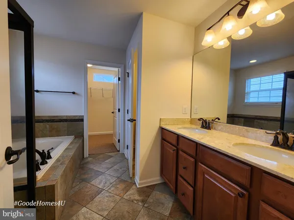 a bathroom with a double vanity sink a and a mirror