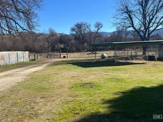 a view of a house with a yard patio and tree
