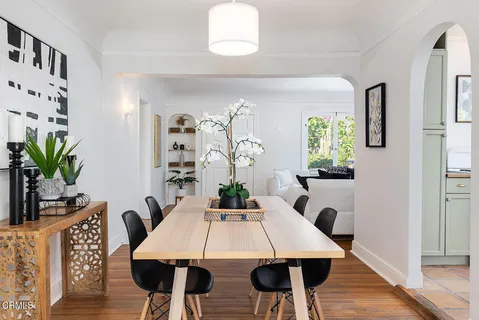 a view of a dining room with furniture and wooden floor