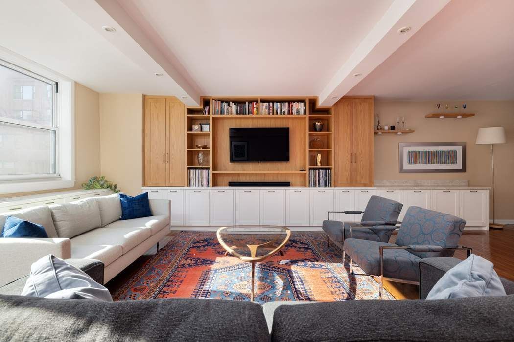 501 East 79th Street, Unit 14E Manhattan, NY 10075 - Photo 1 of 19 a living room with furniture and a flat screen tv
