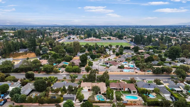 an aerial view of a swimming pool