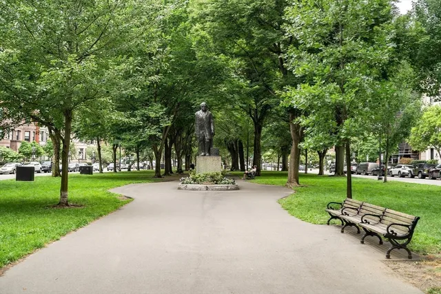 a view of a park with bench and trees