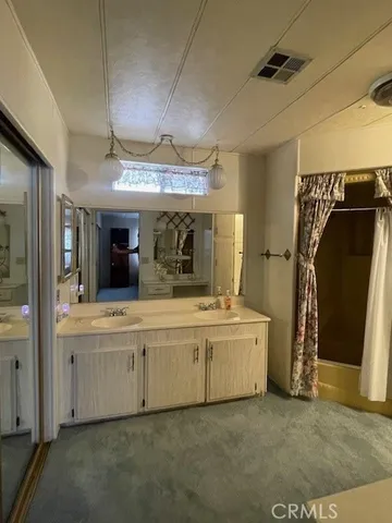 a bathroom with a sink a mirror and a shower