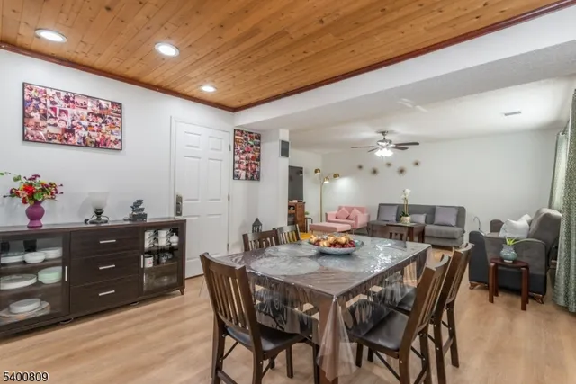 a view of a dining room with furniture