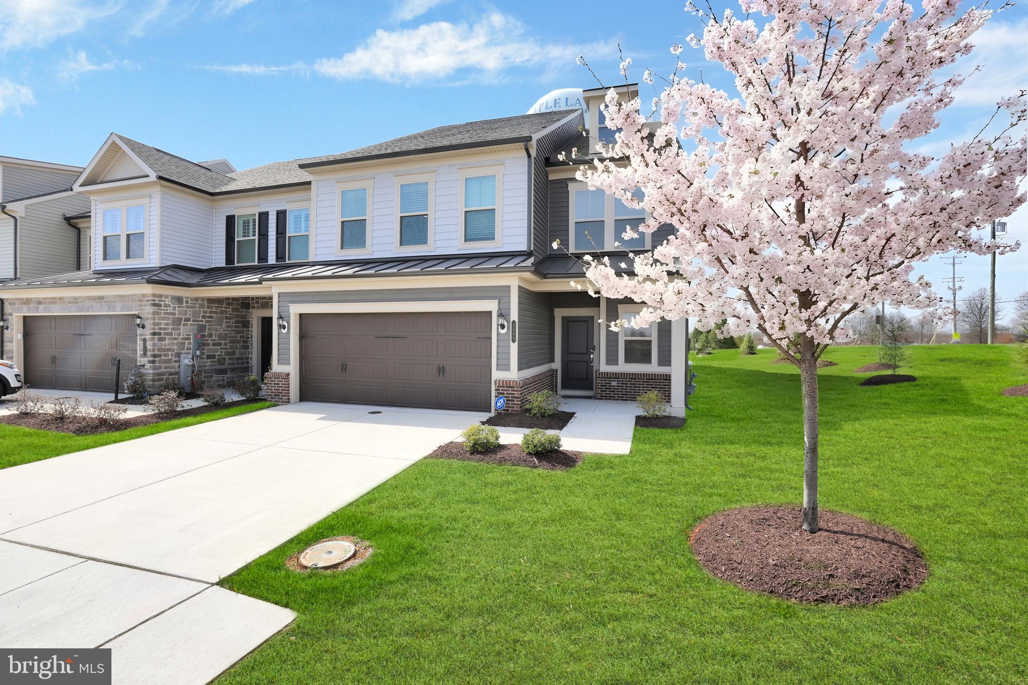 a front view of a house with a yard and trees