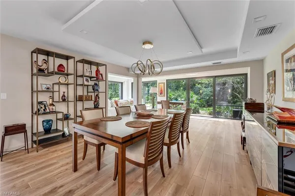 a view of a dining room with furniture window and wooden floor